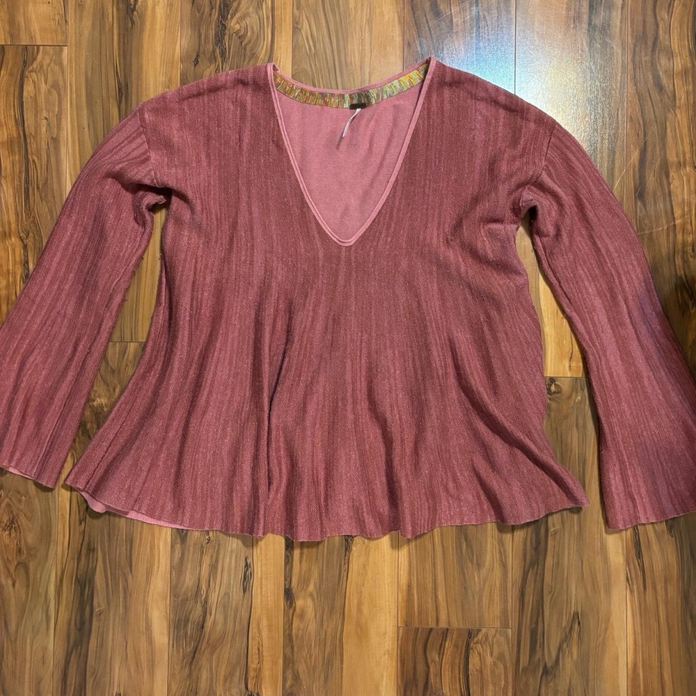 Free People Sundae Pink Bell Sleeve Top Boho Size L